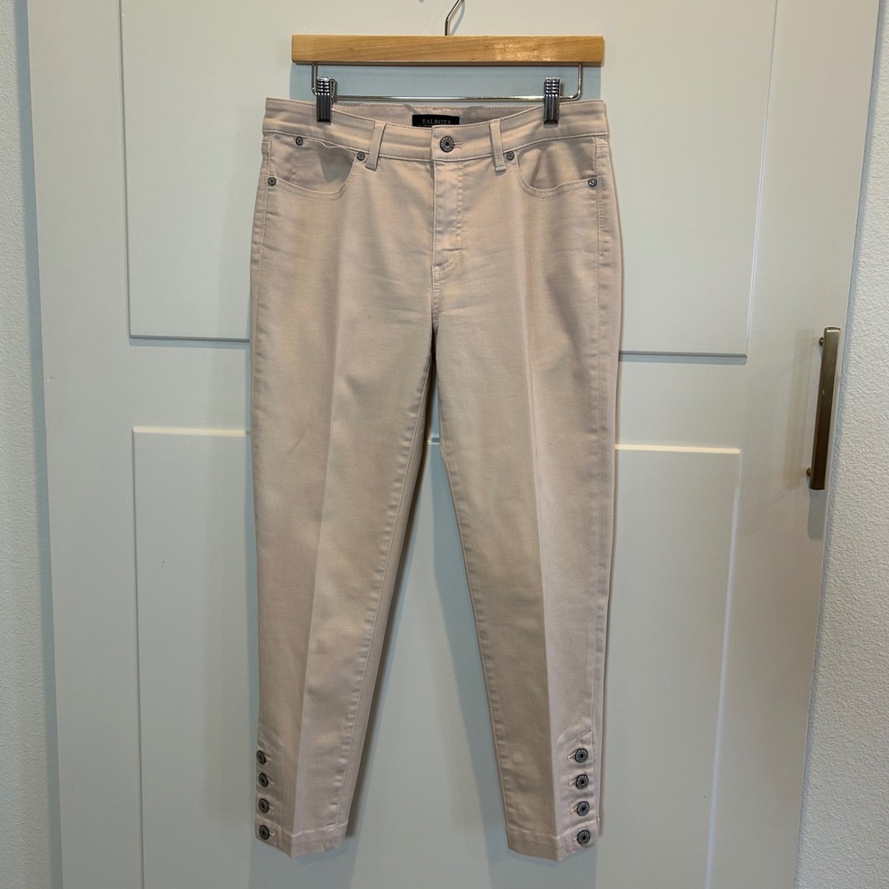 Talbots Flawless Five Pocket Cropped Pants Women Size 6 Beige pink Button Detail